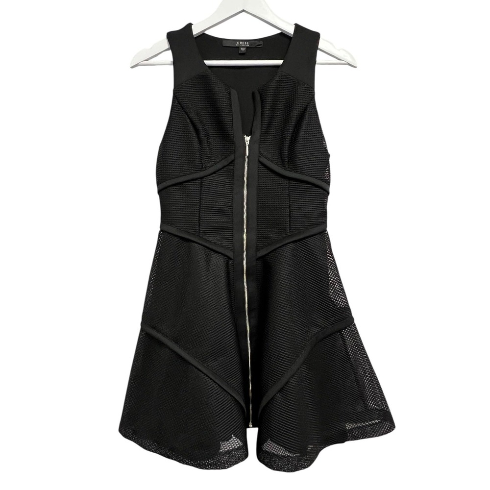 Guess Dress Womens 2 Black Mesh Fit & Flare Zip Front Sleeveless Party Cocktail‎